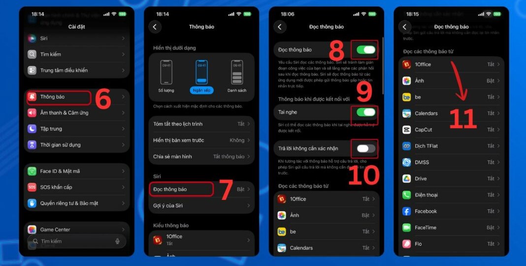 Bật tính năng Đọc thông báo từ Siri > Chọn từng ứng dụng muốn Siri đọc thông báo